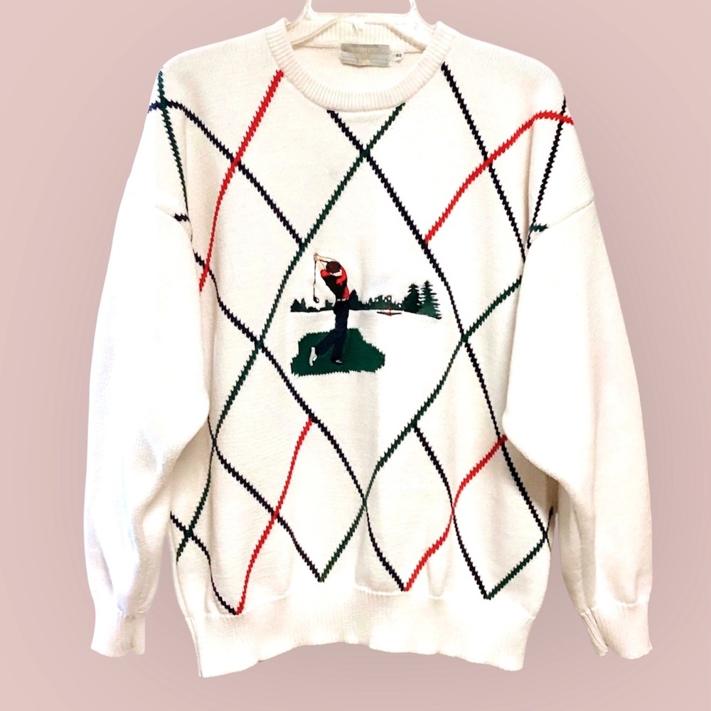 Archie Brown & Son Vintage Golf Argyle Sweater Cream Navy Red Green Size 48